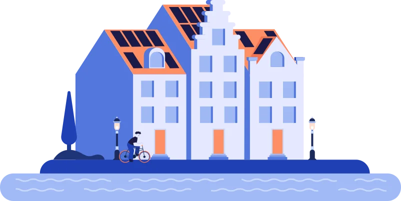 Illustratie van een Belgische reeks huizen met zonnepanelen